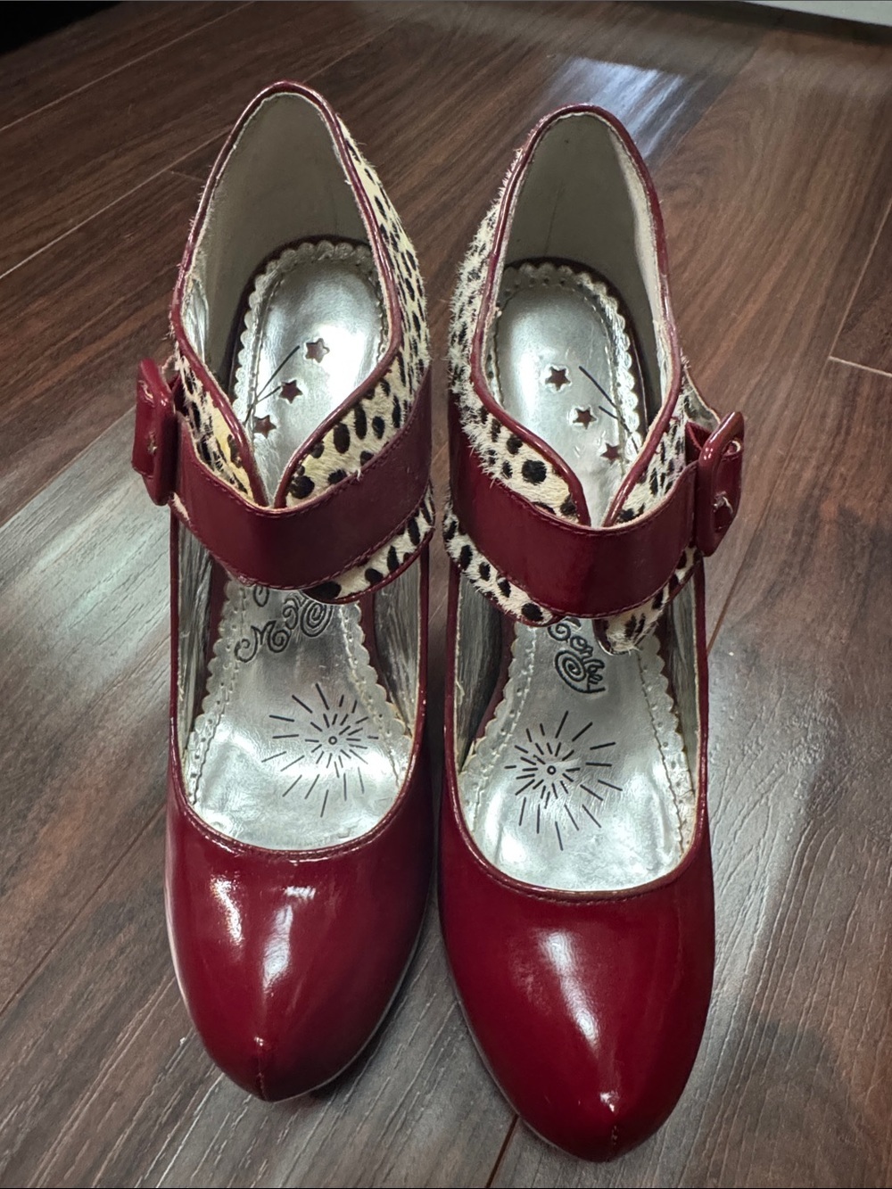 naughty monkey Red Patent Mary Jane Heels with Leopard Trim